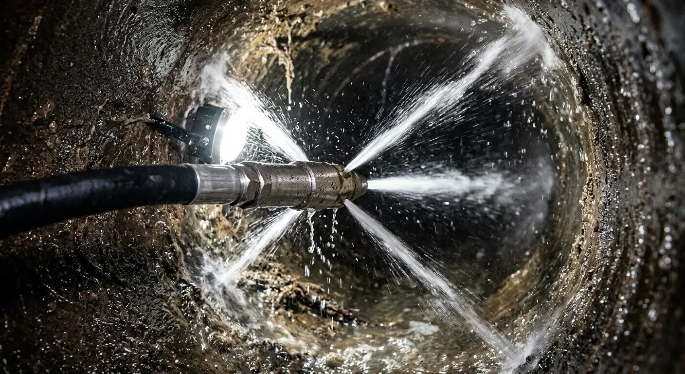 High-pressure hydro jetting nozzle cleaning sewer pipe for Trenchless Sewer Repair in Lemont