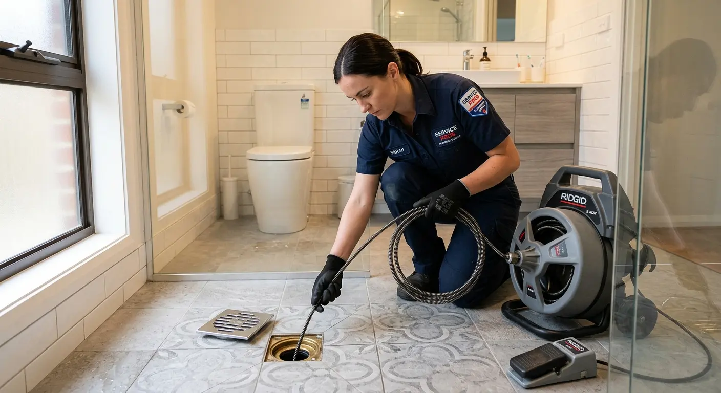 Technician clearing a bathroom floor drain for Sewer Line Installation in Lemont